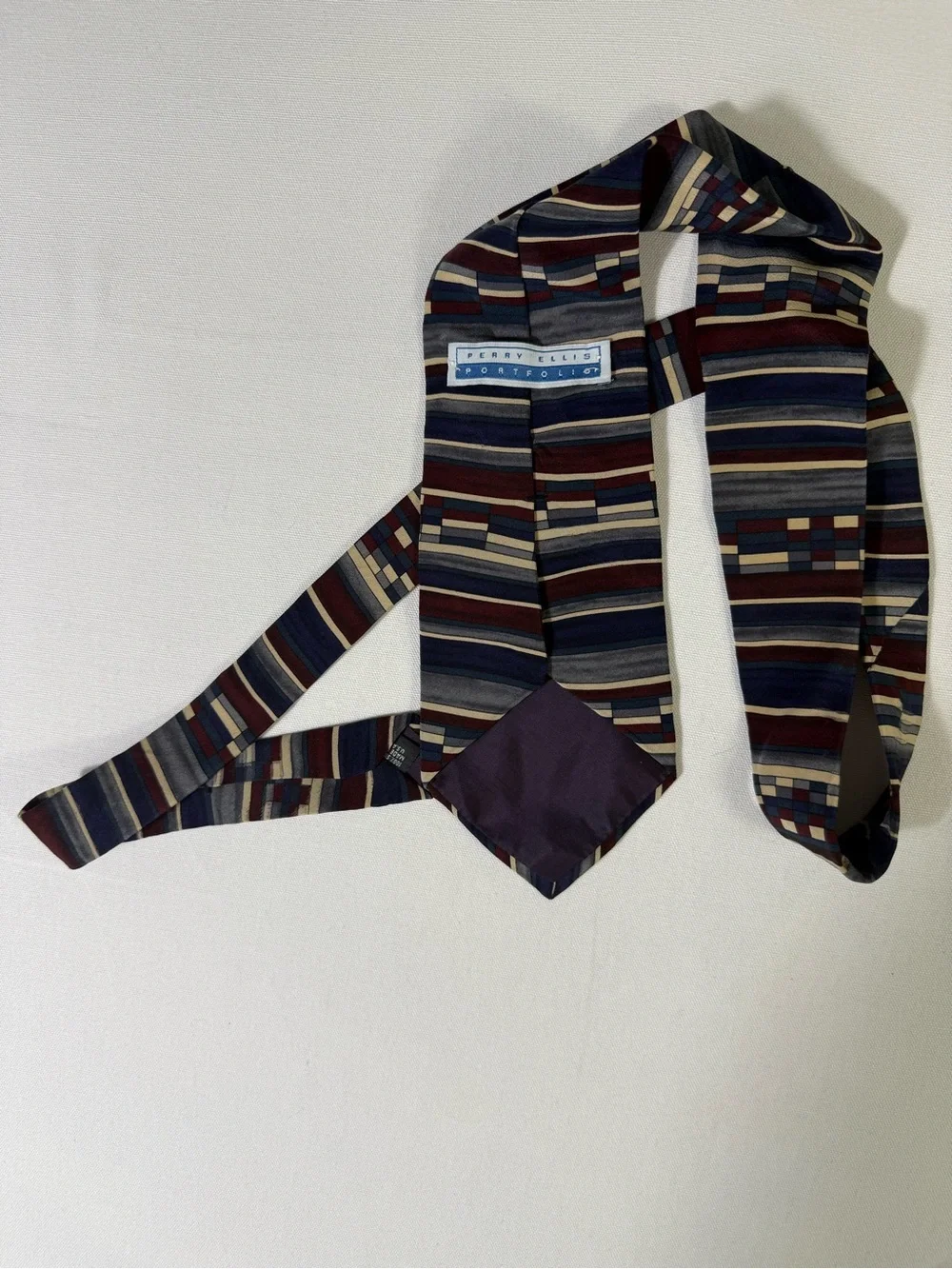 Perry Ellis Striped Silk Tie in Navy, Burgundy, Gray and Cream